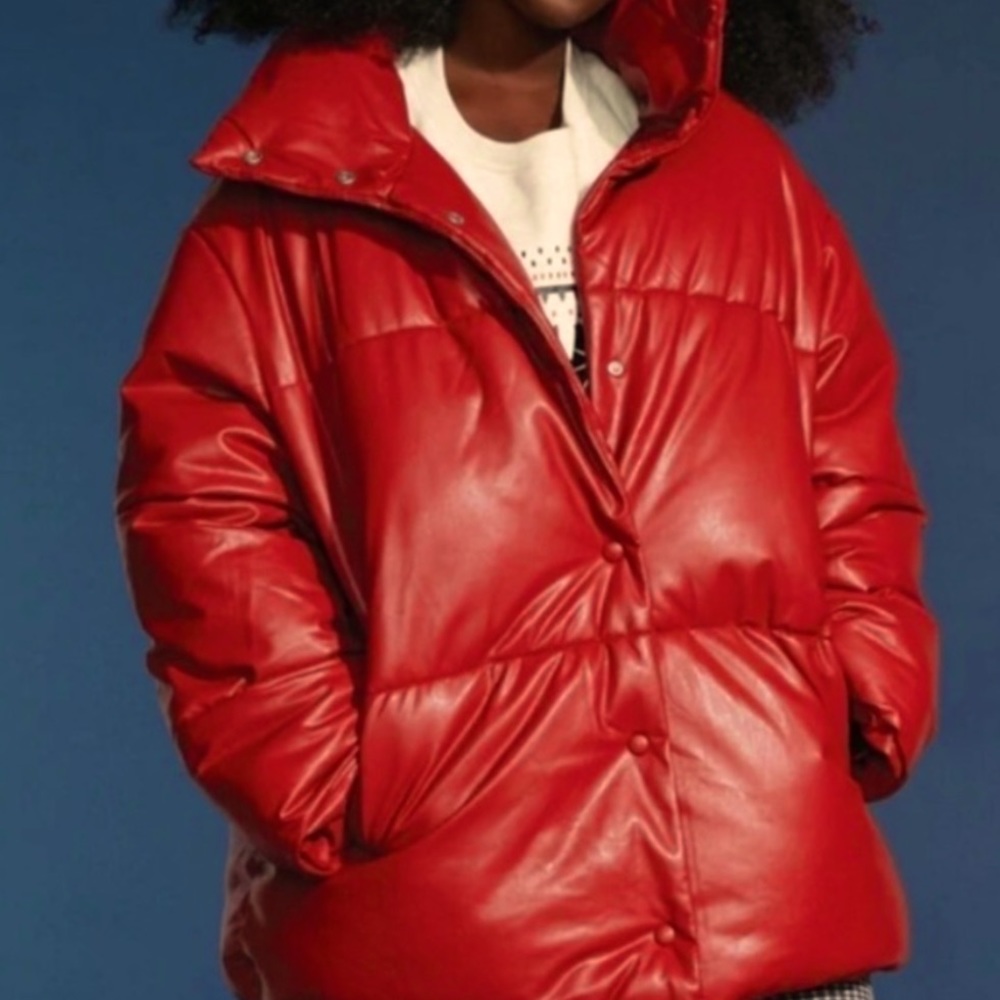 AVEC LES FILLES FAUX LEATHER QUILTED PUFFER JACKET Tomato Red Size 1x